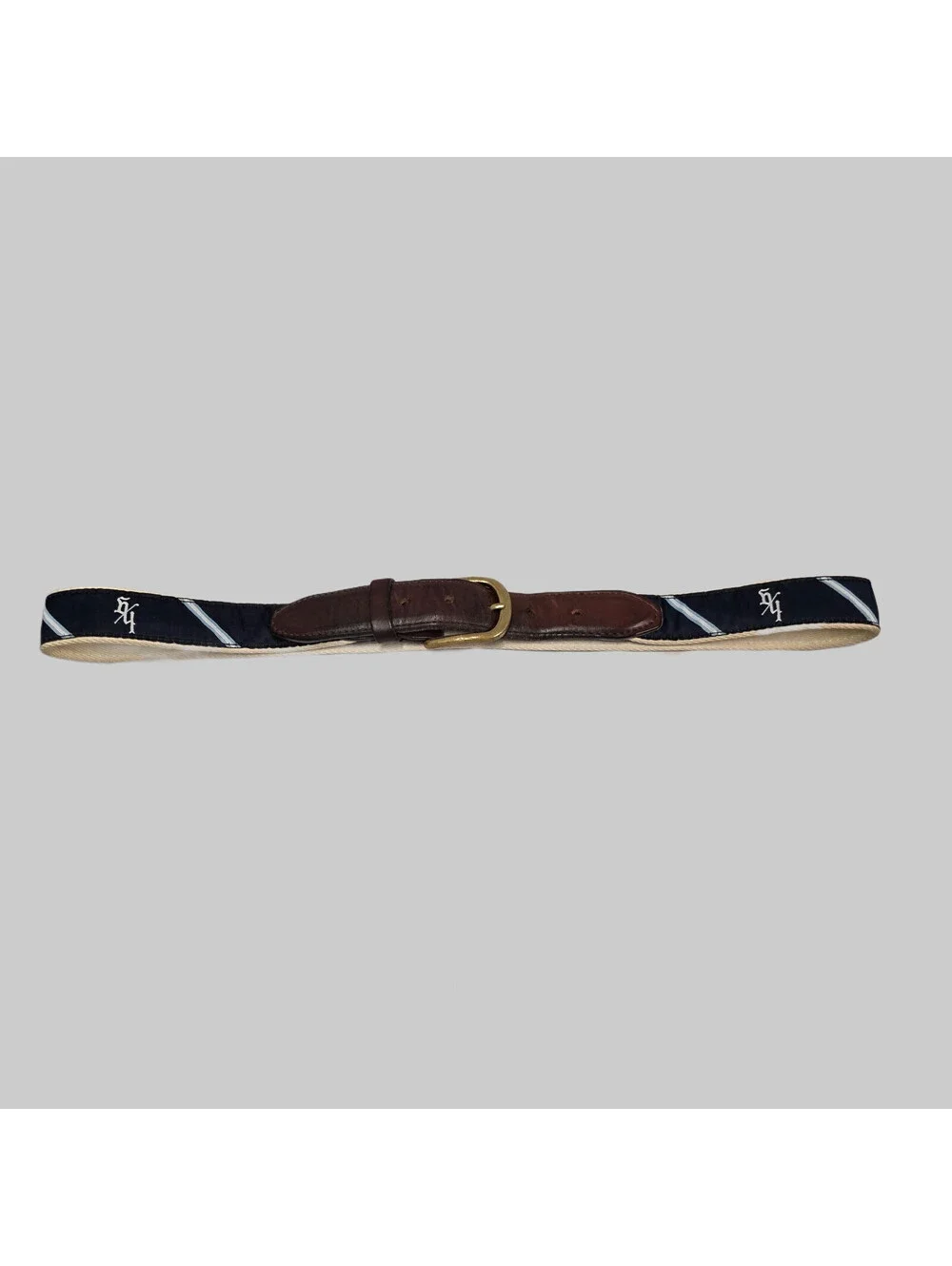 YRI Seminole Golf Club Needlepoint Mens Belt Navy Blue Leather 34 Ribbon Canvas